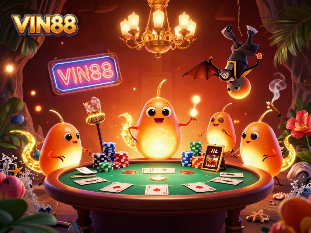 Join the excitement at VIN88 with glowing characters lighting up the casino scene filled with poker action.