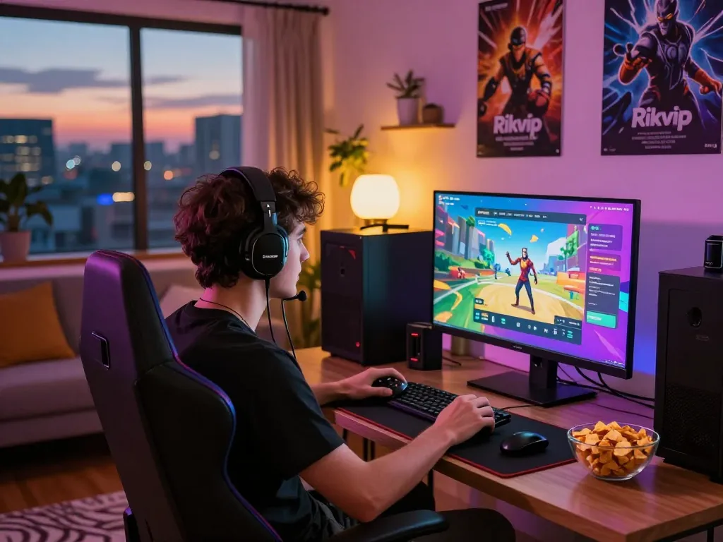 Player enjoying gaming on Rikvip platform in a cozy apartment setting.