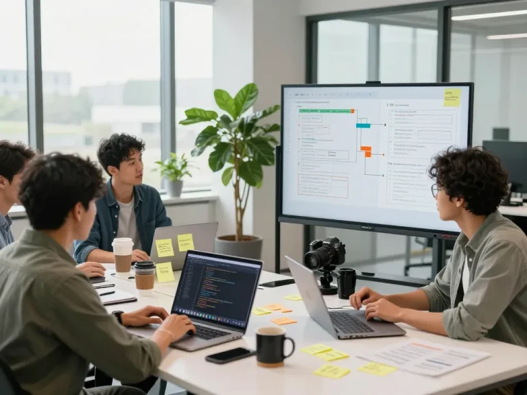 Team collaborating in a modern tech workspace at https://7mvna.com/ showcasing coding and creative brainstorming.