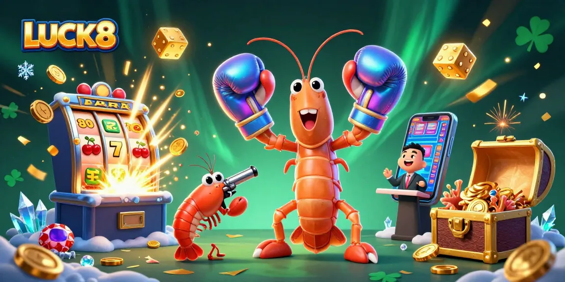 Experience thrilling LUCK8 gameplay with vibrant 3D casino elements like jackpots, slots, and treasures.