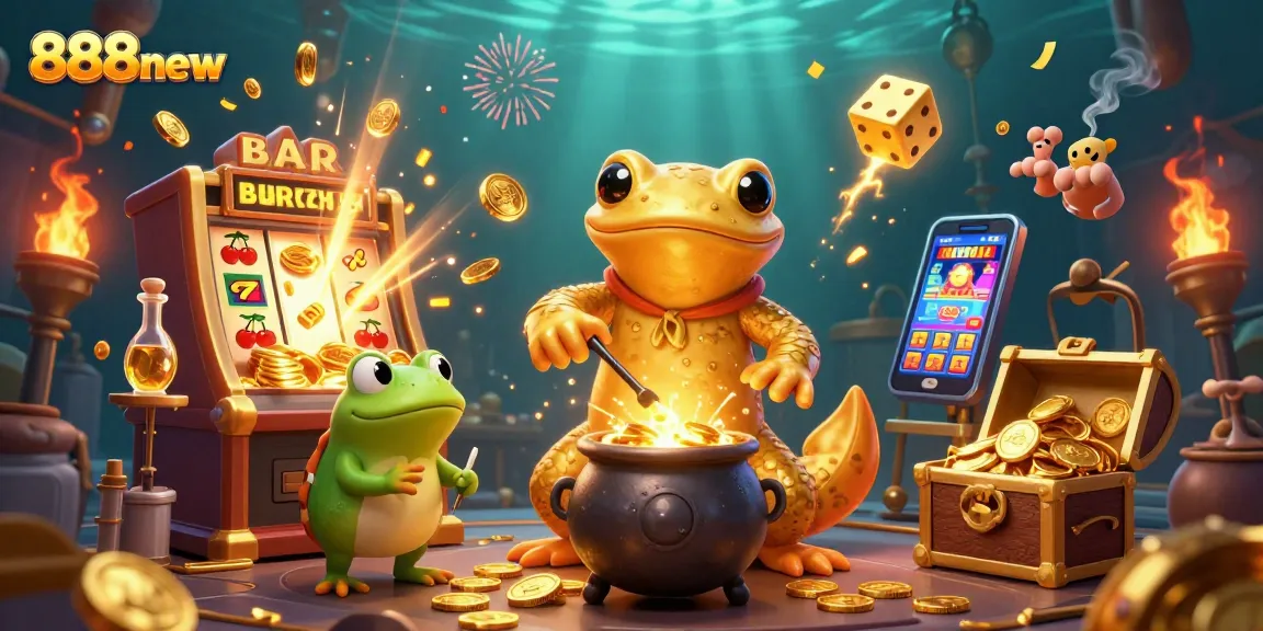 Engage in exciting gameplay at 888new with a vibrant illustration depicting a casino adventure filled with gold coins, slots, and games.