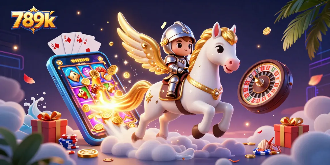 Experience the thrill of 789k with a vibrant casino scene featuring a knight on a celestial horse, gaming elements around.