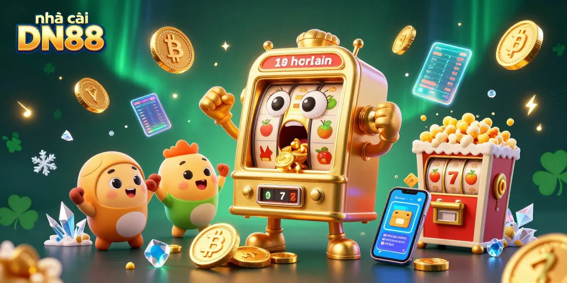 Experience winning excitement with nhà cái DN88's vibrant slot machine celebration, showcasing gold coins and gaming elements.