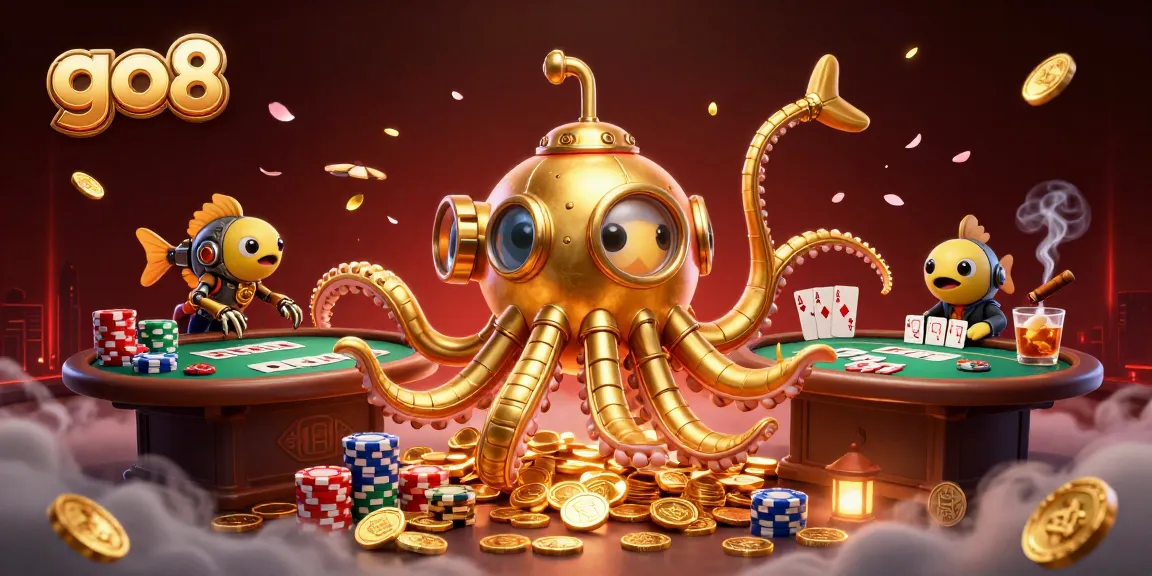 Engaging go8 gaming scene with a golden kraken submarine amidst poker elements and golden coins.