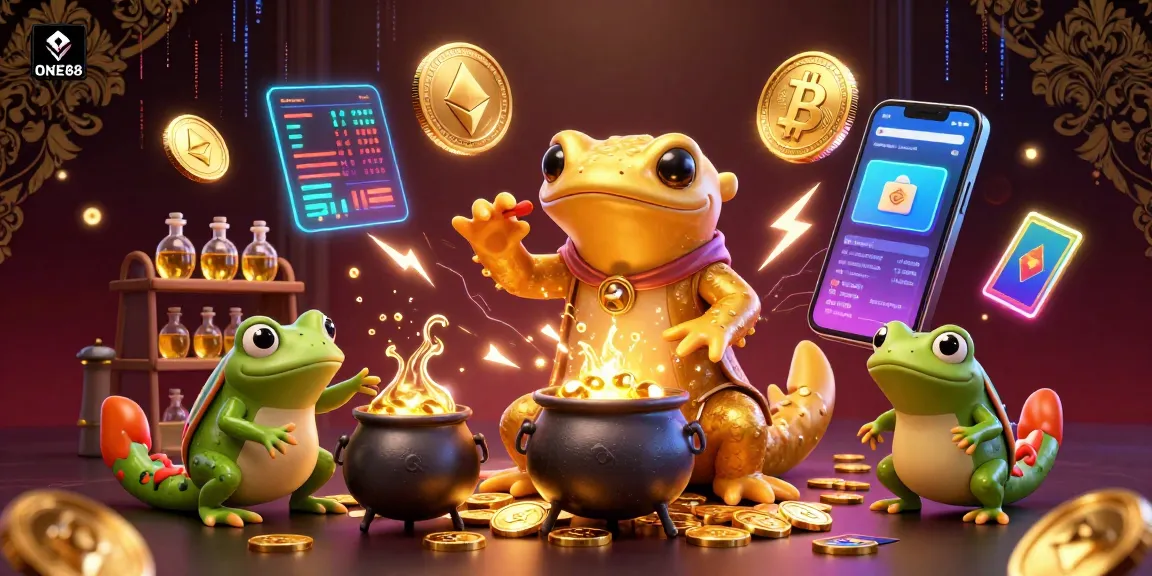 Experience the magic of ONE88 with a golden salamander alchemist crafting gold coins in a vibrant casino scene.
