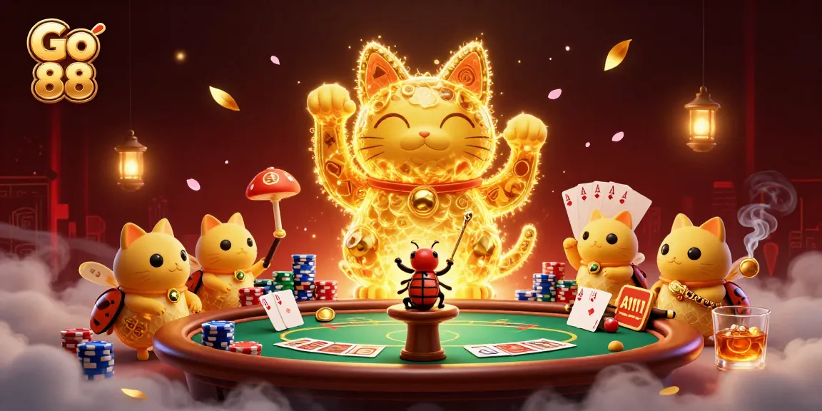 Engage with Go 88's vivid illustration showcasing a giant lucky cat and dynamic casino symbols.
