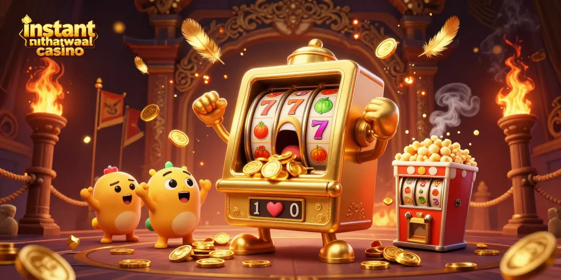 Experience the excitement of an instant withdrawal casino with a golden slot machine hitting a jackpot surrounded by cheering machines.