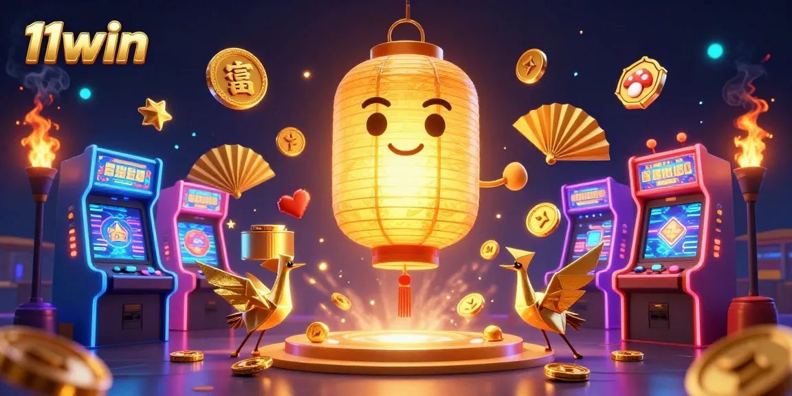 Engage with 11win's vibrant casino world, featuring a golden lantern spirit and arcade treasures.