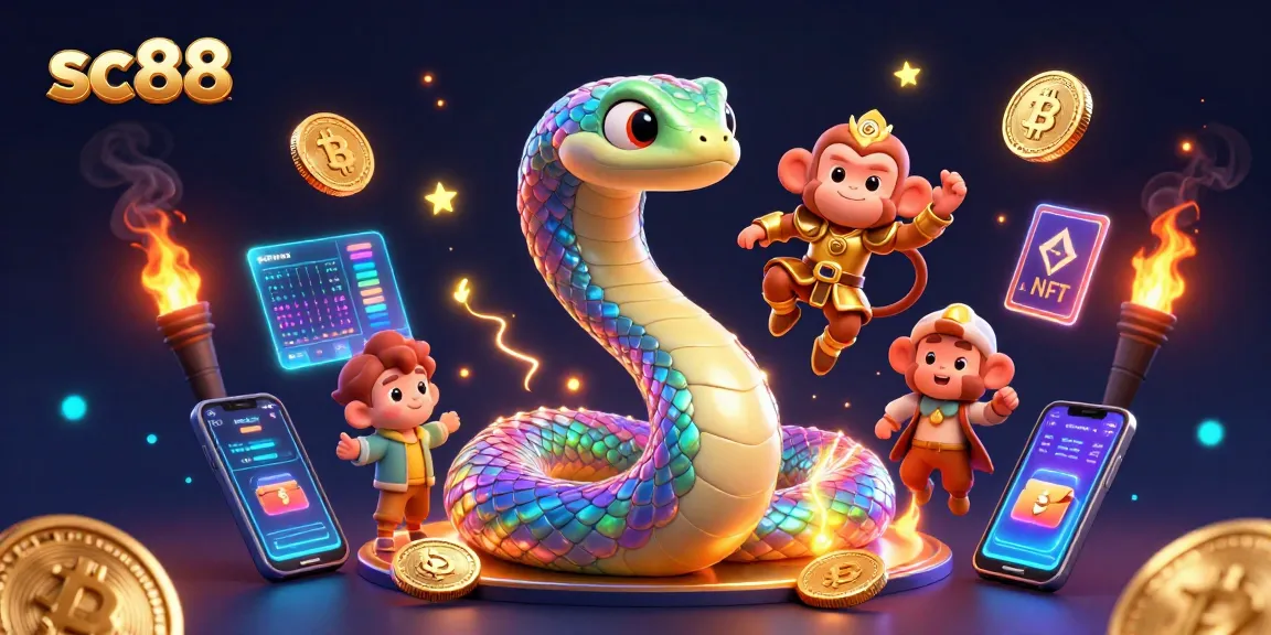 Engage with sc88's vibrant 3D casino illustration showcasing crypto characters amidst digital excitement.