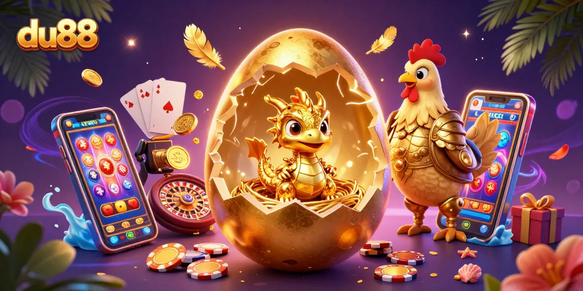 Join the excitement at du88 with a golden dragon amidst poker chips and slot games in a vibrant 3D scene.