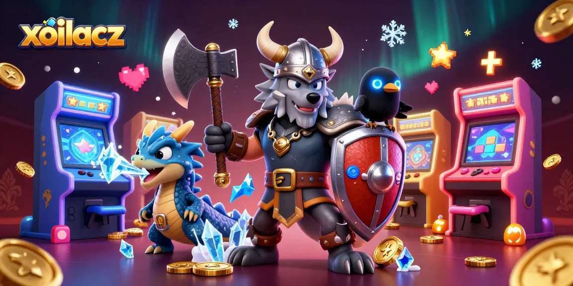 Xoilacz features a dynamic scene with a Viking wolf warrior, dragon, and arcade elements, celebrating casino gaming.