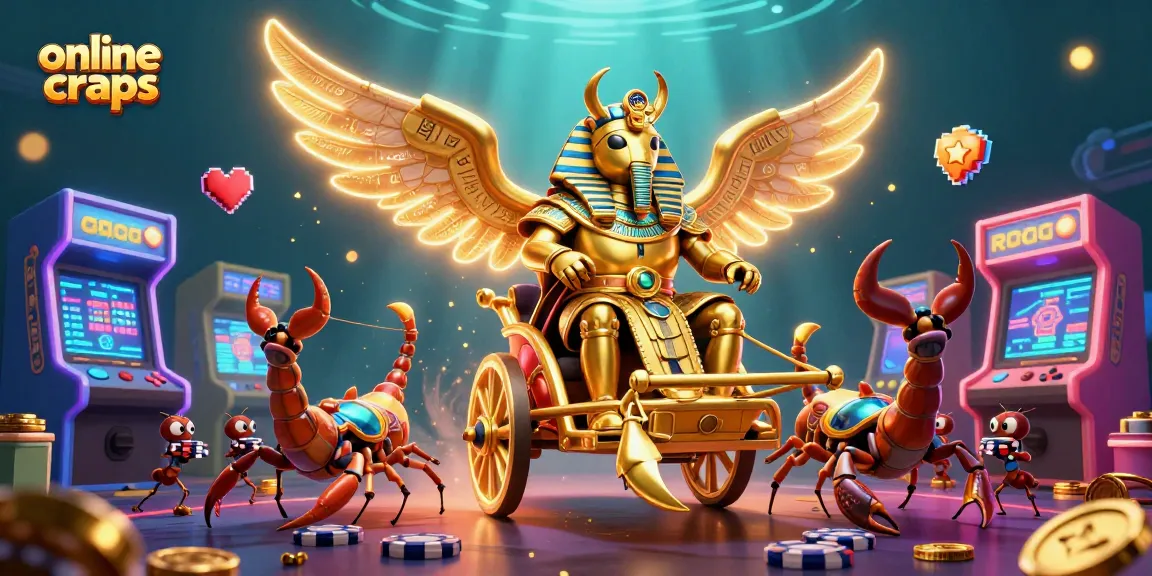 Experience excitement in online craps with a vibrant scene of a golden scarab beetle and scorpions.