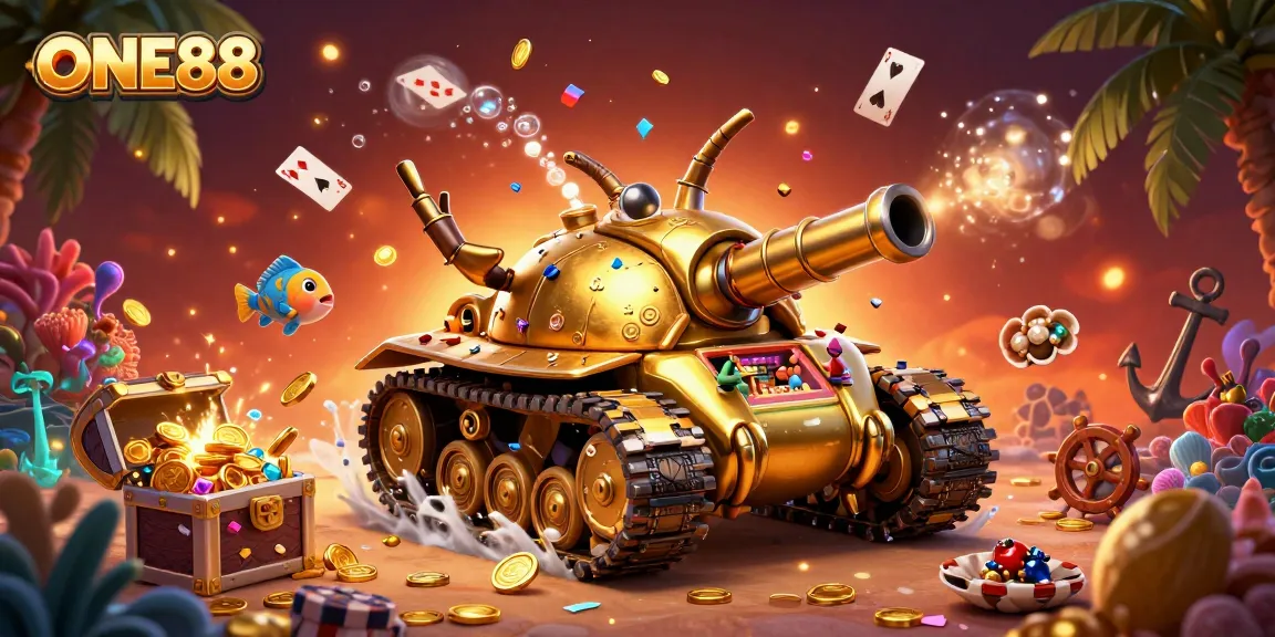 Engage with the vibrant casino action at ONE88 featuring a golden beetle tank and rich gambling elements.