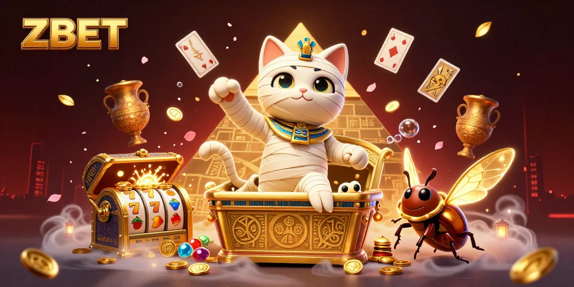 ZBET offers thrilling casino experiences with an Egyptian mummy cat and golden treasures amidst vibrant gaming elements.