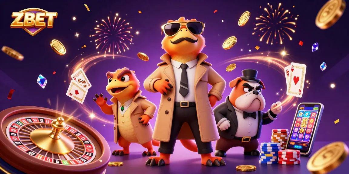 ZBET raptors sneak into VIP casino while coins and gems cascade around them, capturing playful gambling spirit.