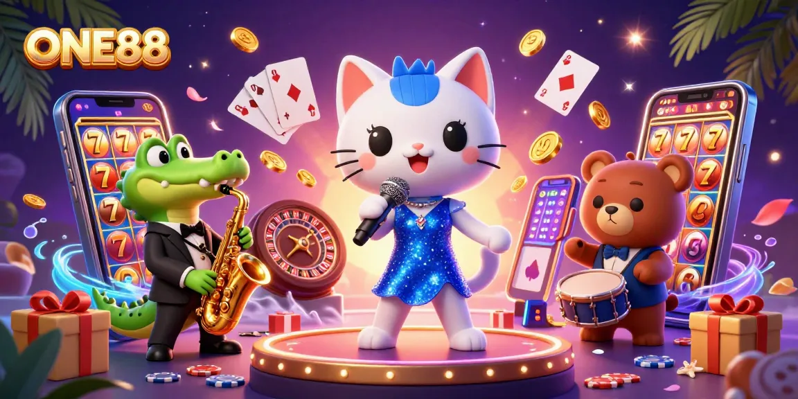 ONE88 showcases a lively casino scene with a jazz-singer cat and vibrant game elements.
