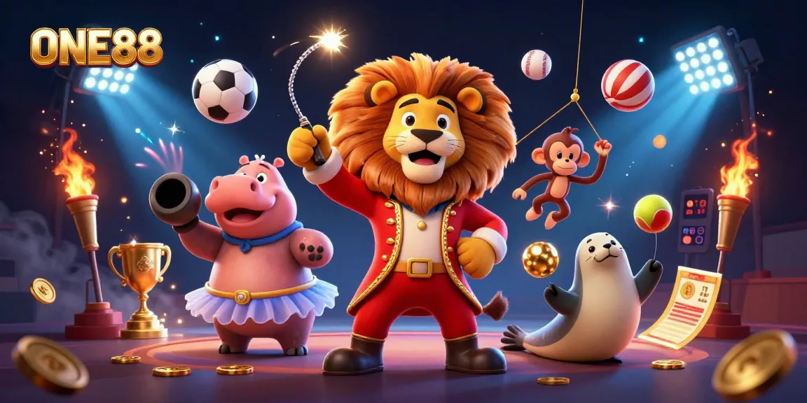 ONE88 engages bettors with a thrilling circus-themed 3D illustration featuring vibrant characters and sports elements.