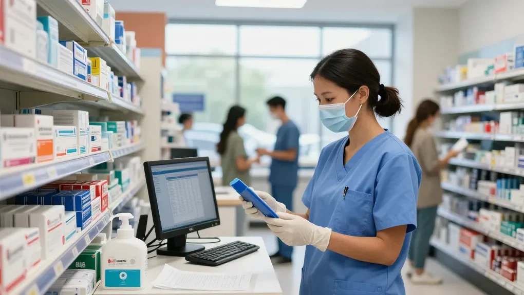 Healthcare professional inspecting Canadian medical supplies in a vibrant retail setting.
