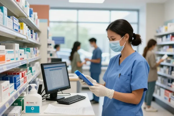 Healthcare professional inspecting Canadian medical supplies in a vibrant retail setting.